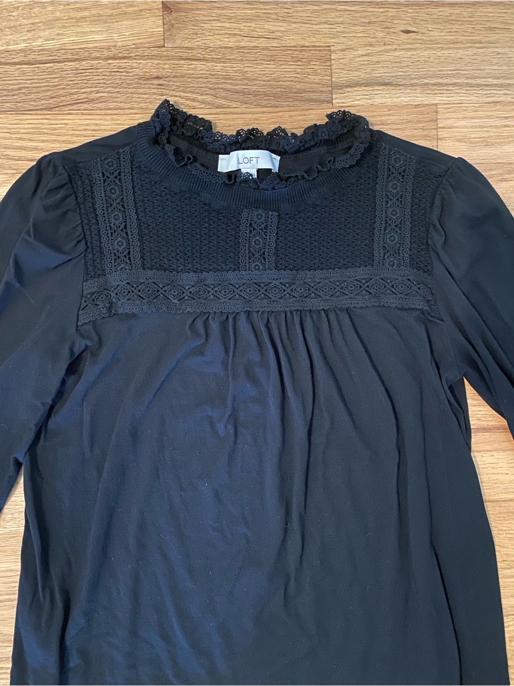 LOFT Black Lace Yoke Long Sleeve Cotton Modal Top